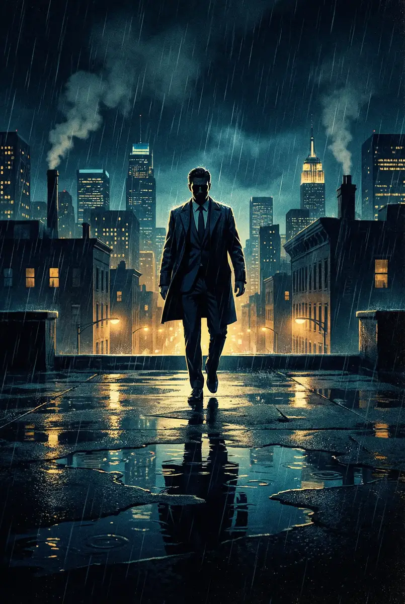 好妈妈韩剧在线完整 出品影片《雨夜独行者》海报，雨中城市屋顶男性剪影
